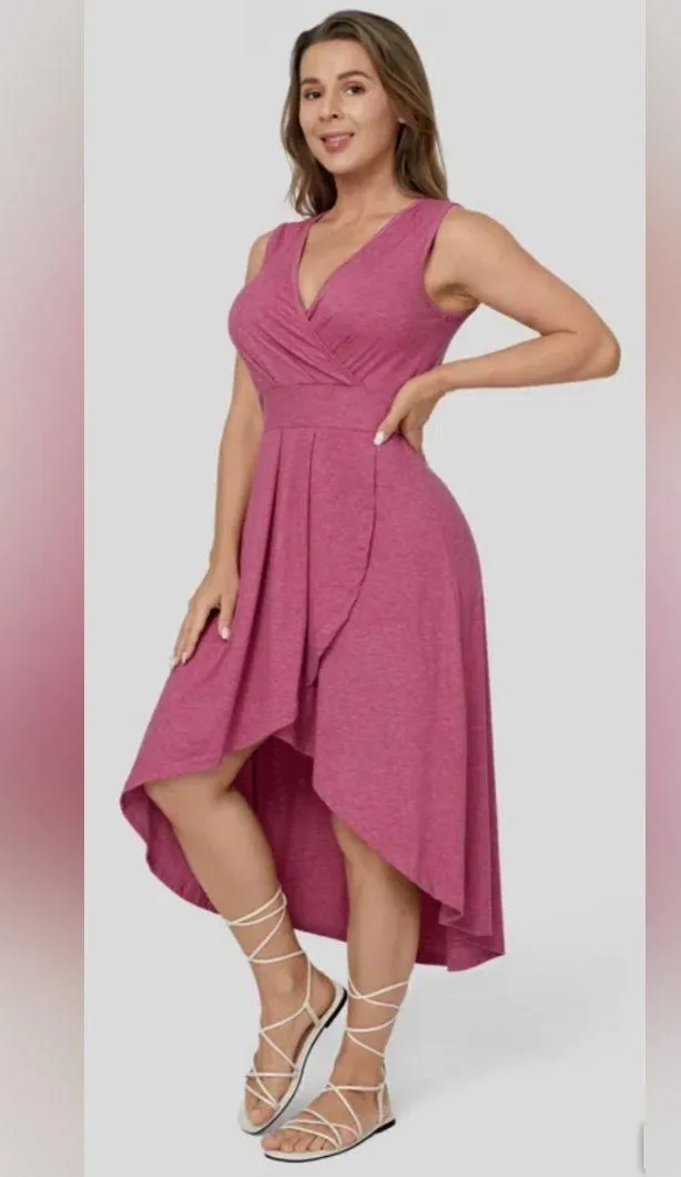 NWT Halara Deep V Neck Sleeveless Plicated High Low Crossover Hem Midi Dress L - Image 2