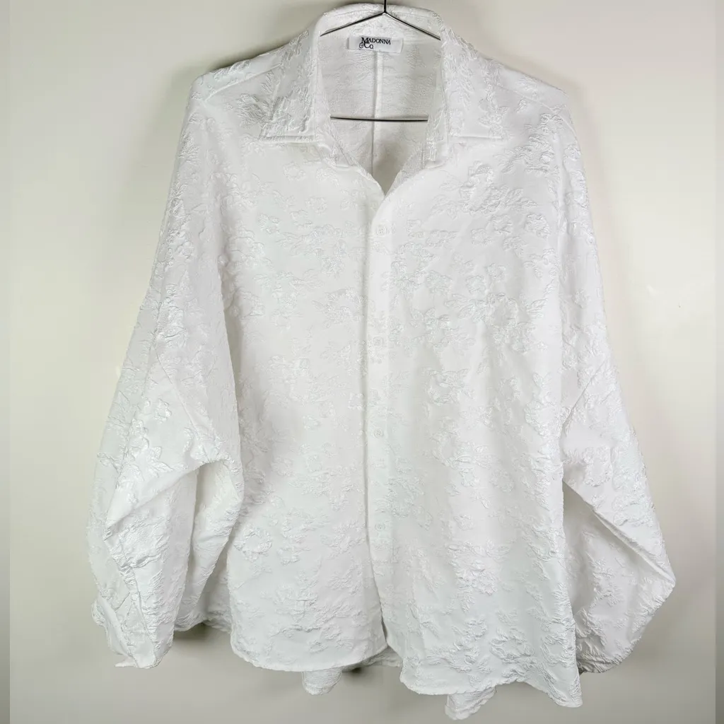 Madonna & Co White Floral Textured Blouse Romantic Statement Top Size XL - Image 2