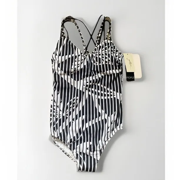 NWT Profile by Gottex Bamboo V-Neck One Piece Swimsuit Size 12 Black White - Image 3