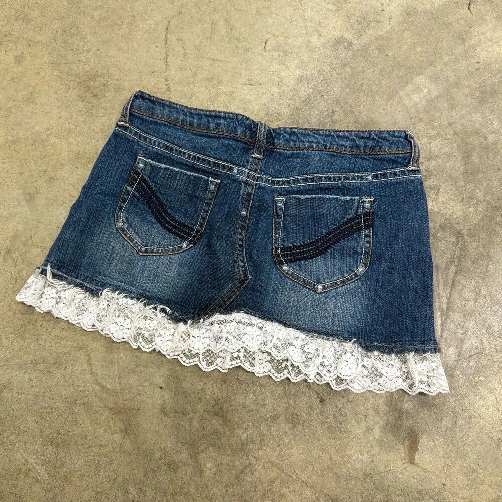 Vintage y2k lace trim denim jean mini skirt - Image 5