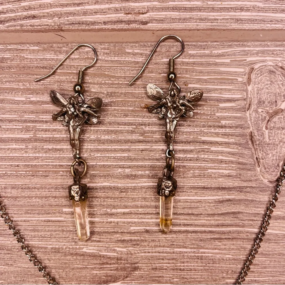 Fairy crystal earring & necklace set silver tone whimsical black & clear crystal - Image 6