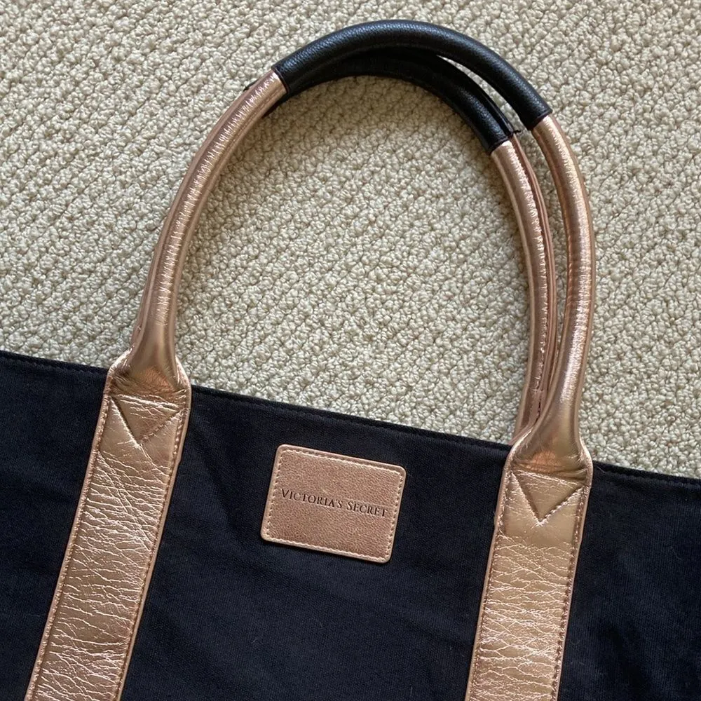 Victoria’s Secret XL Black and Gold Canvas Tote Bag Shoulder Carryall Handbag - Image 3