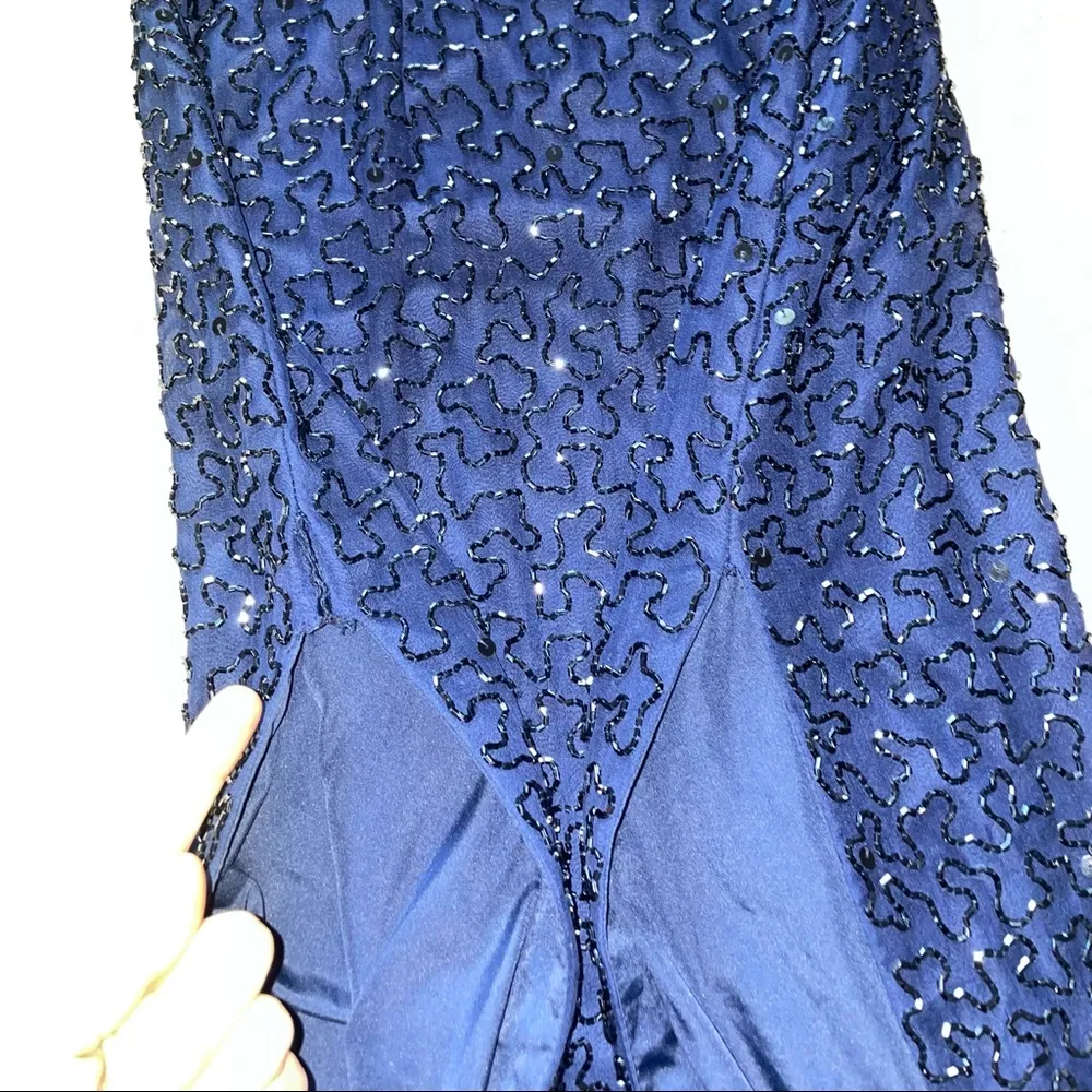100% Silk Vintage Beaded Navy Blue Halter cross Strap Open Back Gown - Image 16