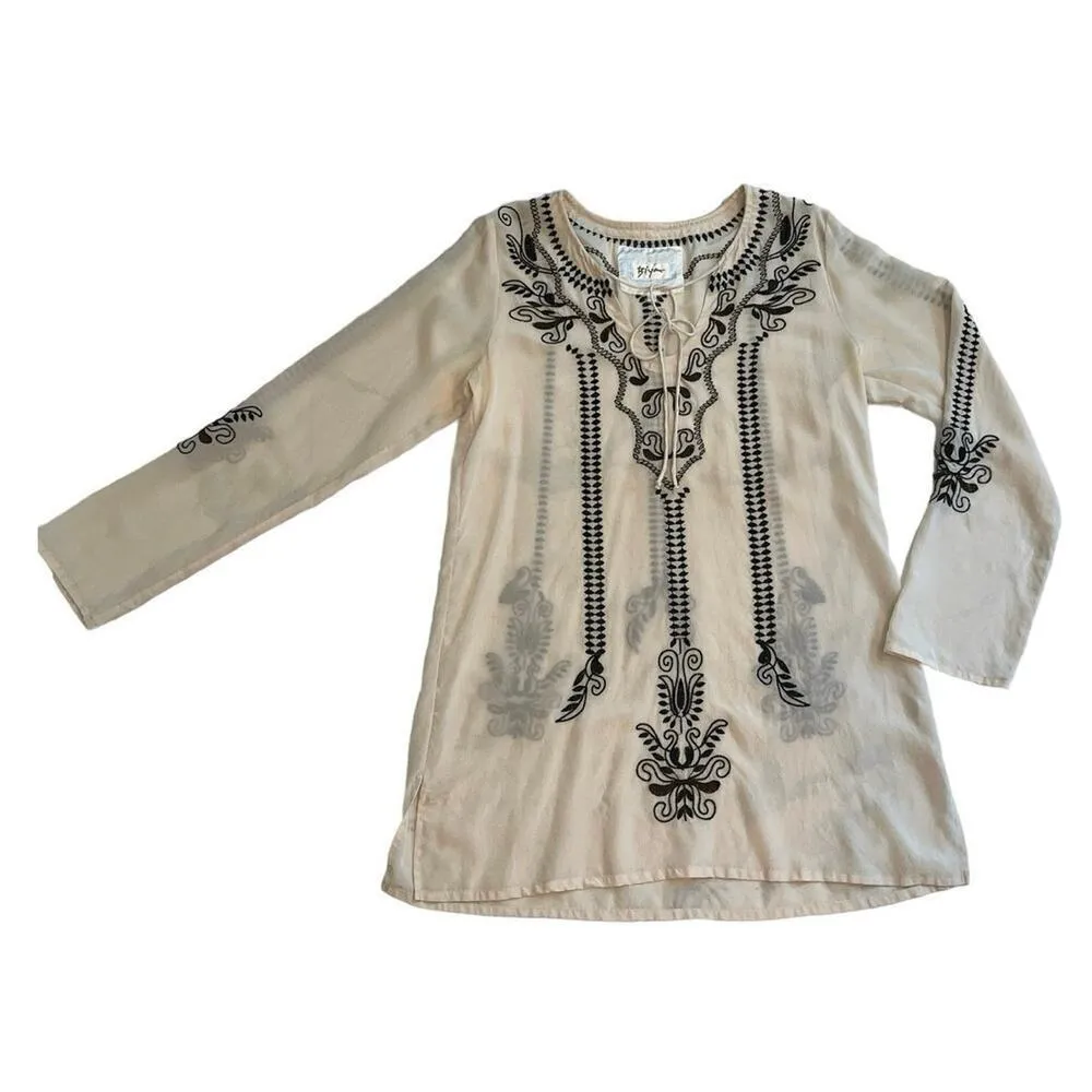 BIYA Johnny Was 100% Silk Cream Black Embroidered Tunic Top Boho Sheer Size S - Image 8