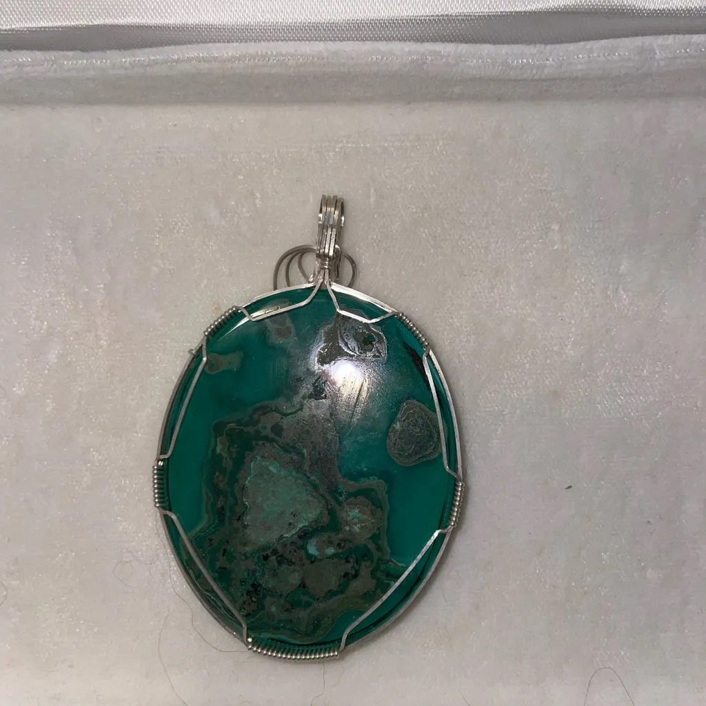 Chrysocolla and Malachite Wire Wrapped Pendent Green - Image 4