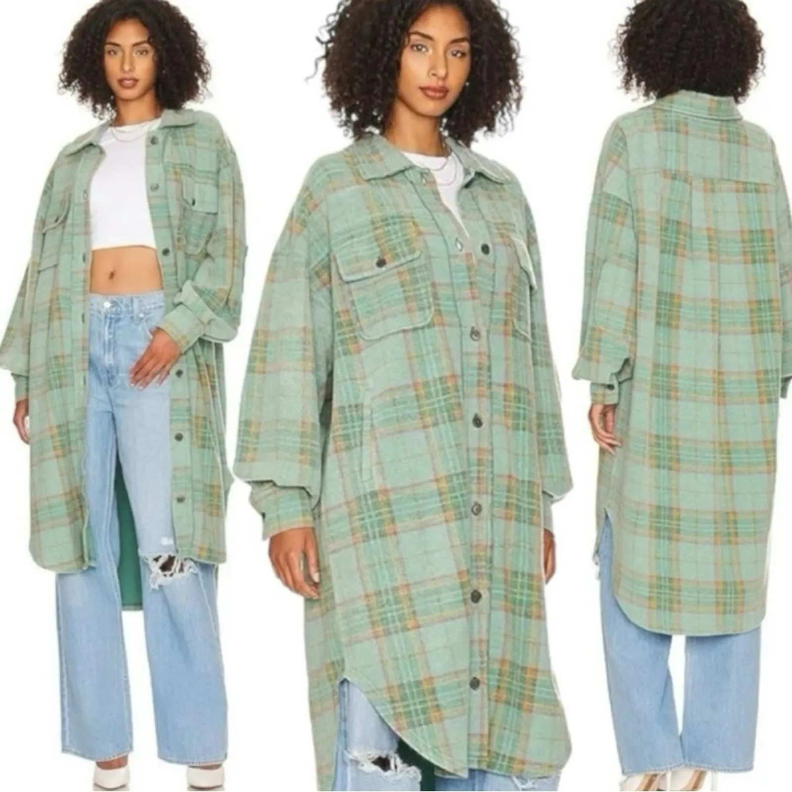 Free People Plaid Long Ruby Jacket Shacked Coat Sage Large Grunge Distressed - Image 5