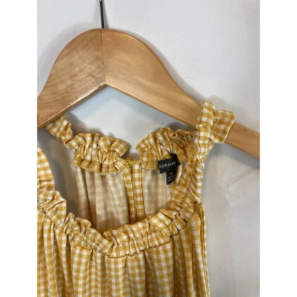 Adrianna Papell Yellow Gingham Print Ruffle Neck Sleeveless Blouse Size Medium - Image 2
