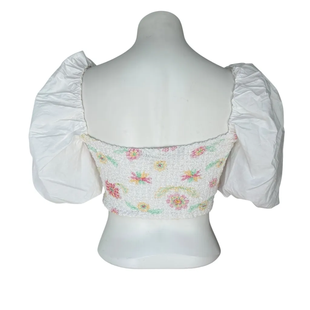 Zara Poplin White Floral Puff Sleeve Smocked Crop Top, Sz XS - Image 5