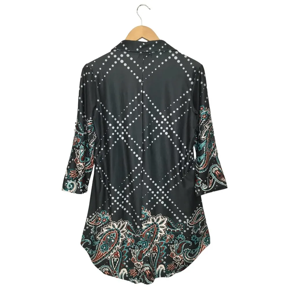 Reborn Pintuck Polka Dot Paisley Western Rodeo Boho Button Up Dress Gray Medium - Image 6