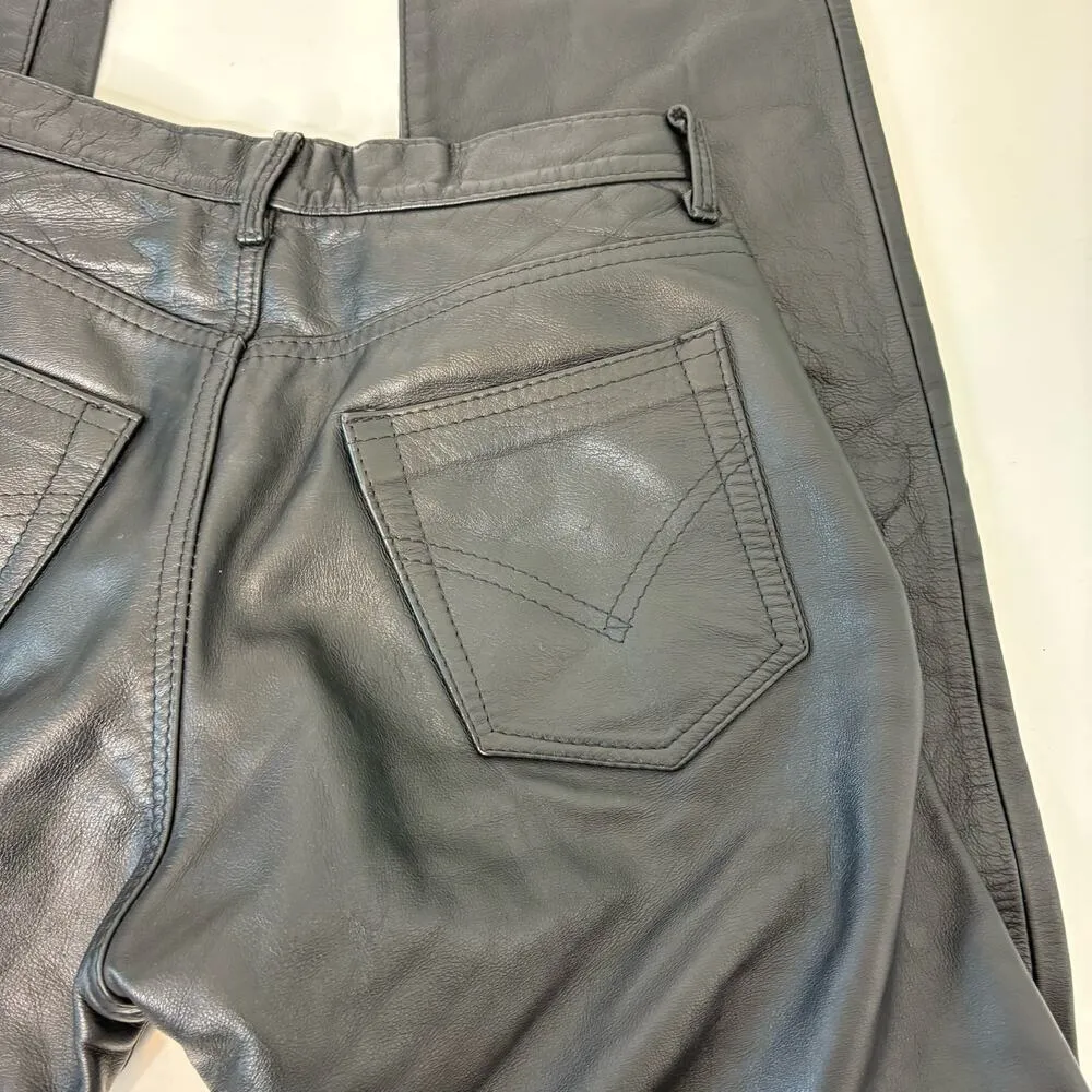 Vintage Leather High Waist Button Fly Black Straight Leg Leather Pants 28 - Image 16