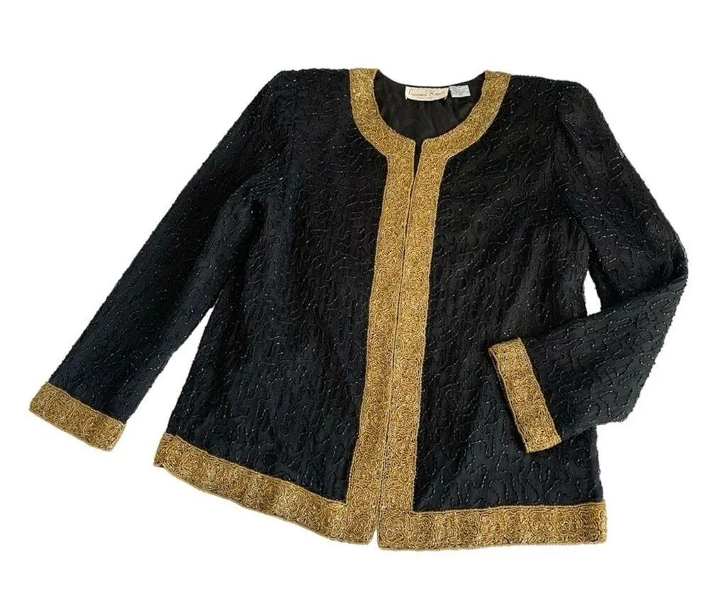 Laurence Kazar Vintage Black Gold Beaded Cocktail Silk Jacket Size Petite Small - Image 7