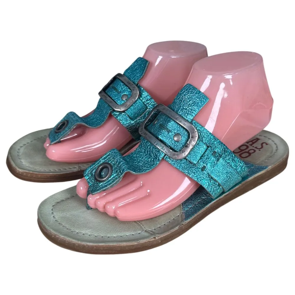 A.S. 98 Teal Blue Leather Embossed Silver Flip Flop Thong Sandals EU 38 US 7.5 - Image 5