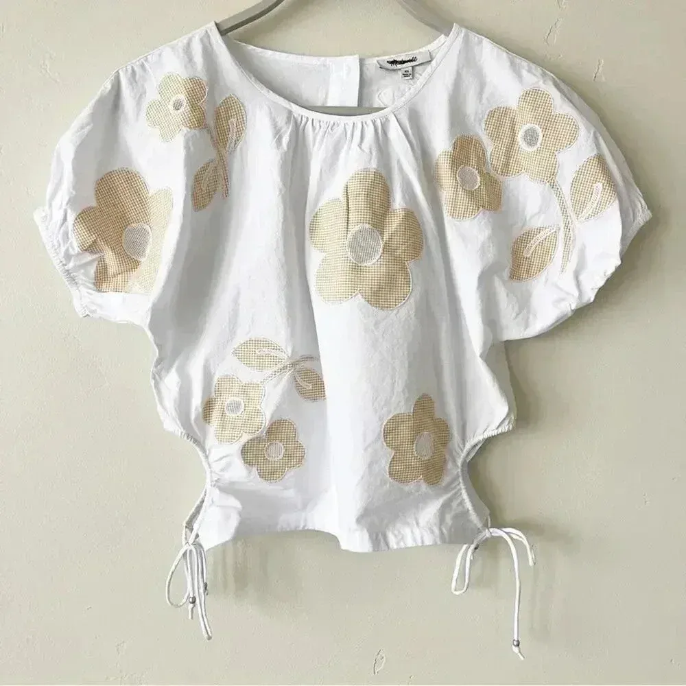 Madewell Embroidered Poplin Puff Sleeve Cutout Crop Top White Floral XS NWT - Image 5