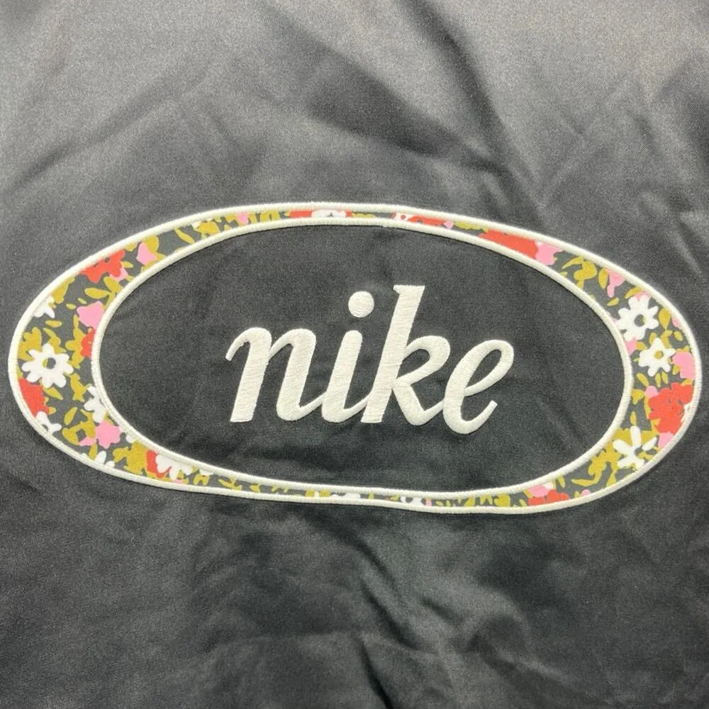 Nike Women's Black Silk Satin Button Down Embroidered Logo Bomber Jacket Top S - Image 4