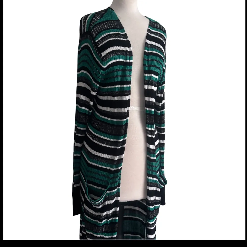 Ashley Stewart Striped Knitted Long Sleeve Long Open Cardigan Sweater Size 14/16 - Image 2