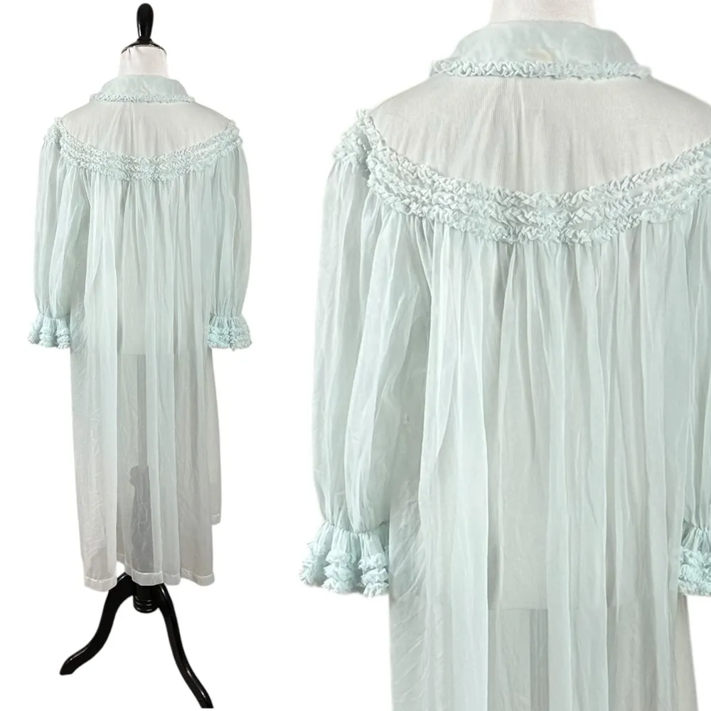 Vintage 60s Shadowline Maxi Peignoir Baby Blue Ruffles Medium Coquette Dainty - Image 3