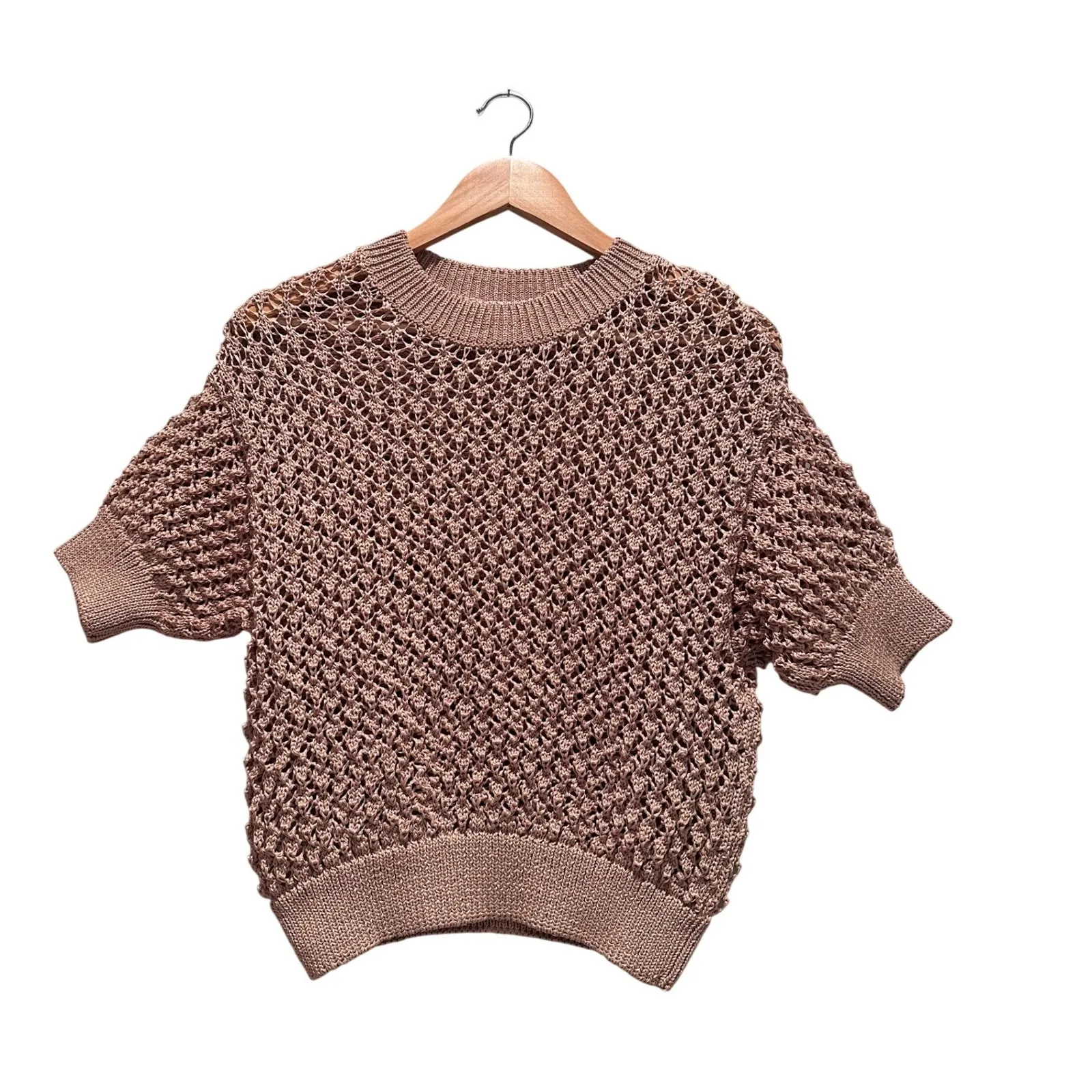 Mango Openwork Brown Short Sleeve Sheer Sweater Size XS - Image 2