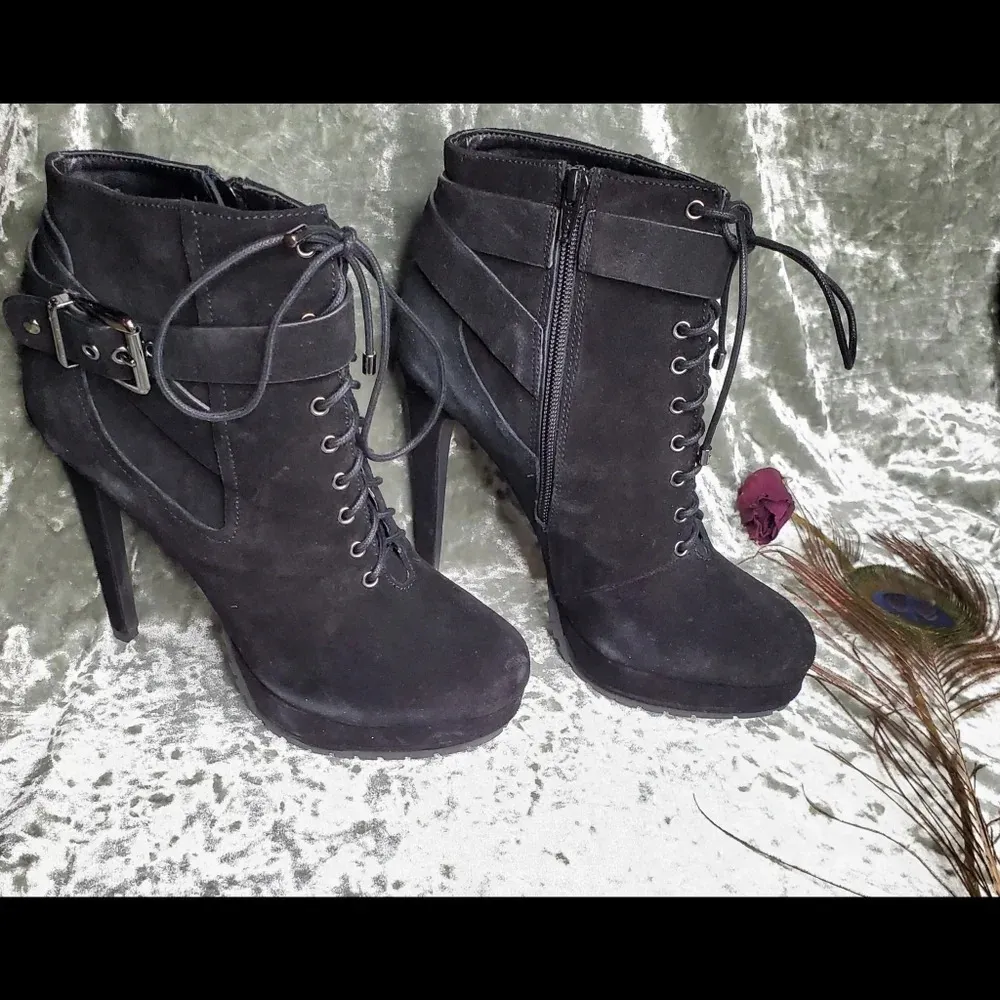 Aldo Black Suede Lace Up Heel Booties - Image 2