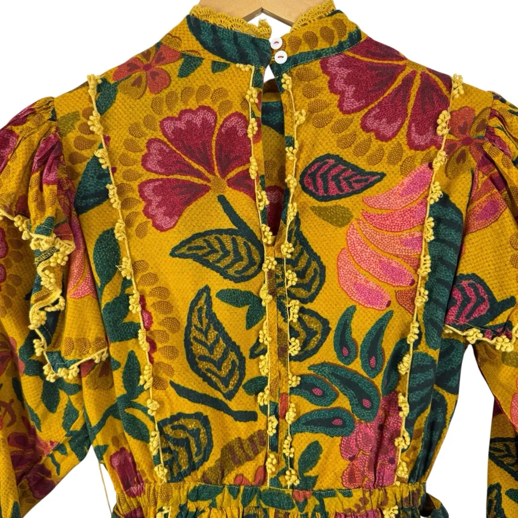 Farm Rio Flowerdoscopic Cotton Ruffle High Neck Floral Mini Dress Yellow Size XS - Image 8