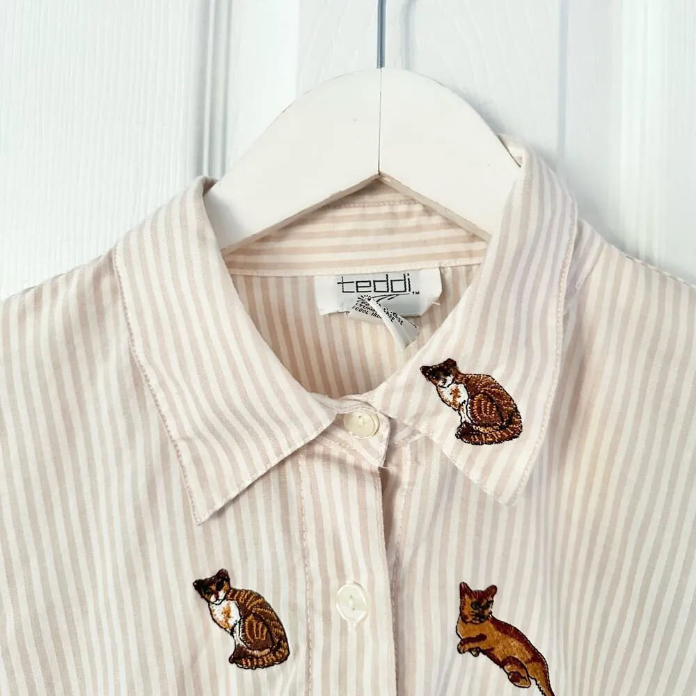Teddi Vintage Beige White Seersucker Stripe Buttondown Embroidered Cats Large - Image 7