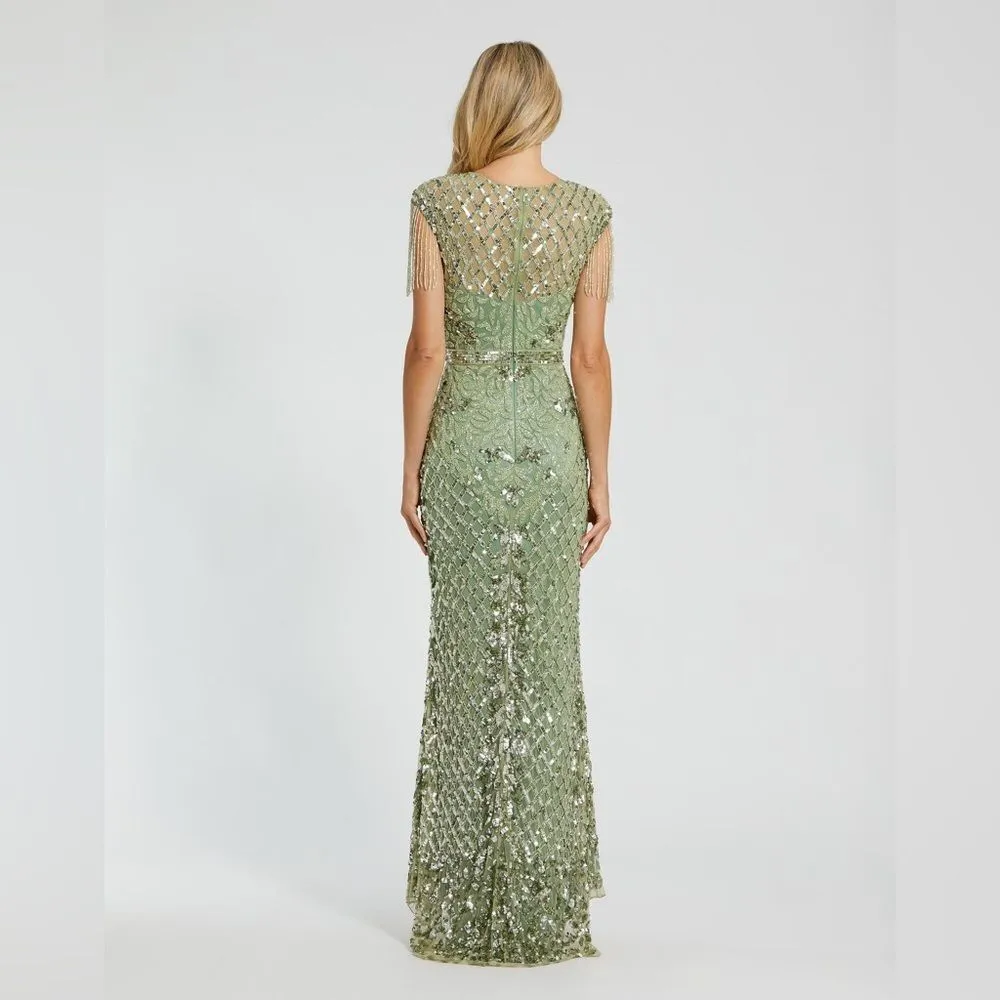 MAC DUGGAL 4908 Green High Neck Sleeveless Beaded Fringe Fitted Gown - Image 5