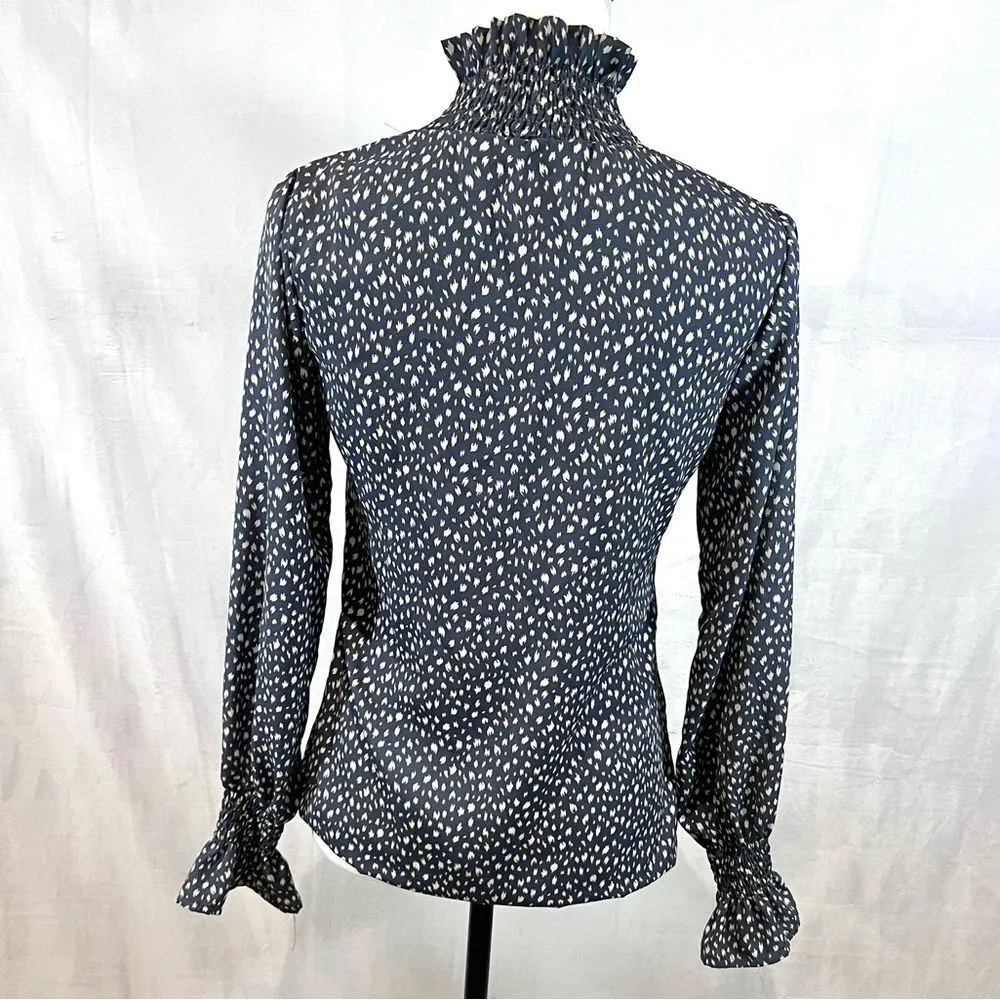 Long lantern sleeve blue and ivory frill trim high neck blouse top size XS - Image 6