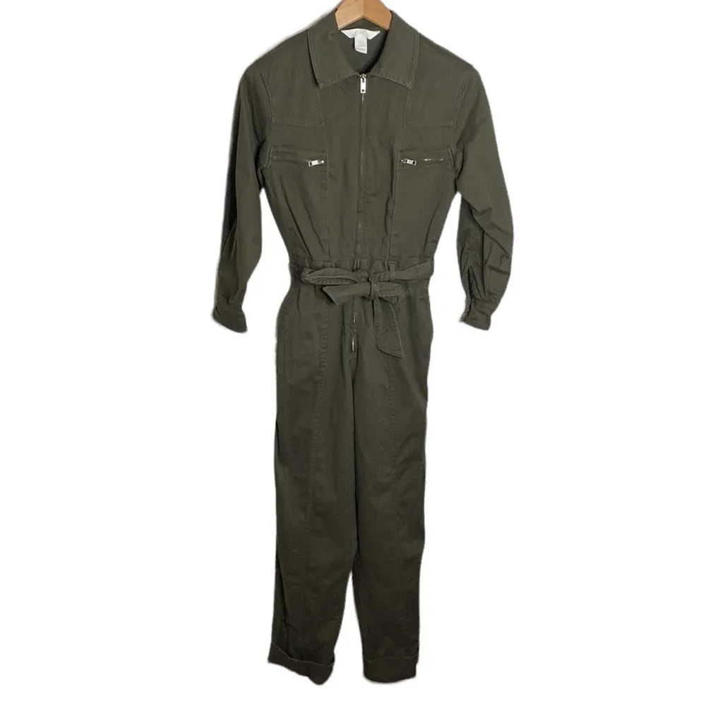 H&M Utility Jumpsuit with Tie Belt in dark khaki green size XS - Image 2