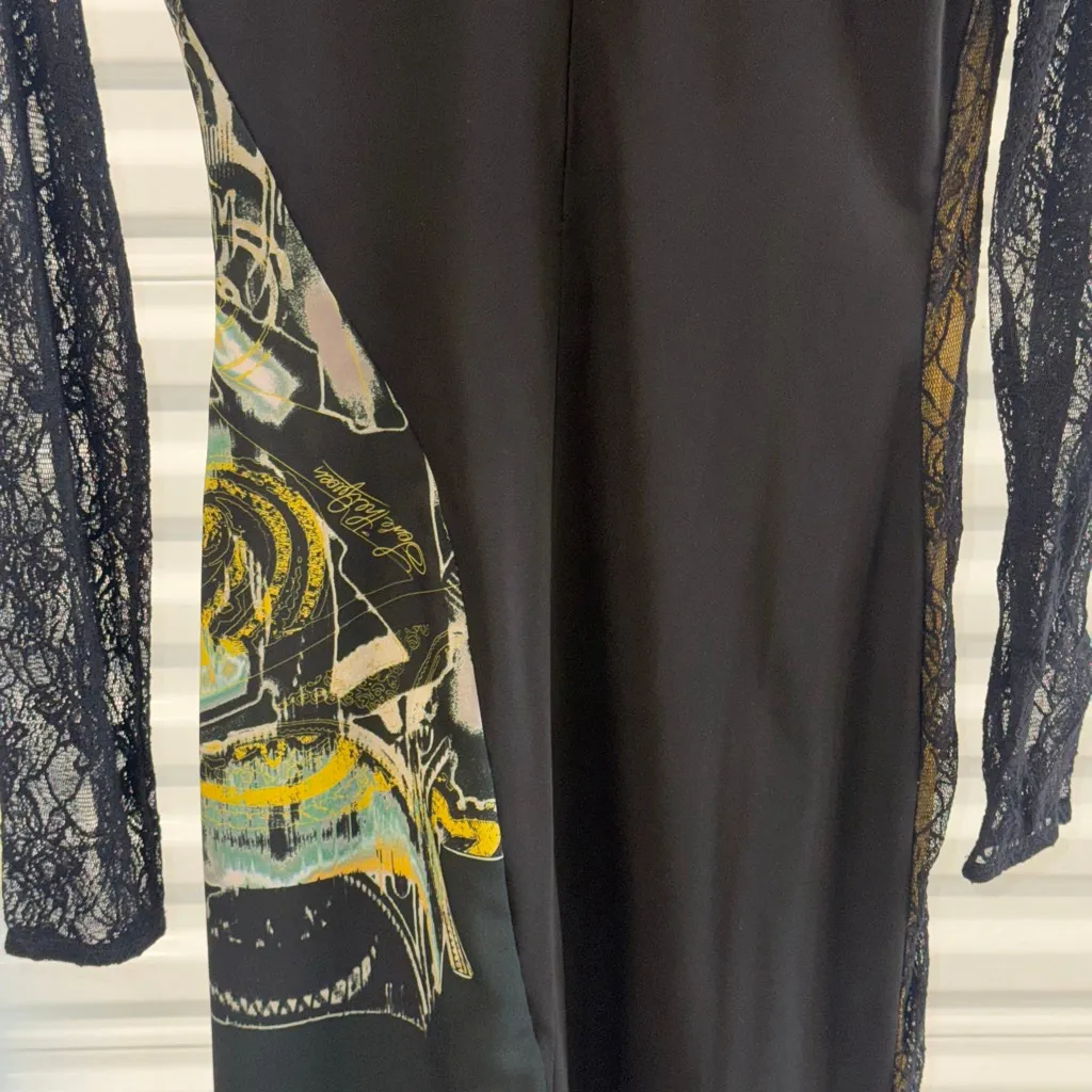 Women's Save The Queen! Black Yellow Abstract Lace Long Sleeve Dress S - Image 8
