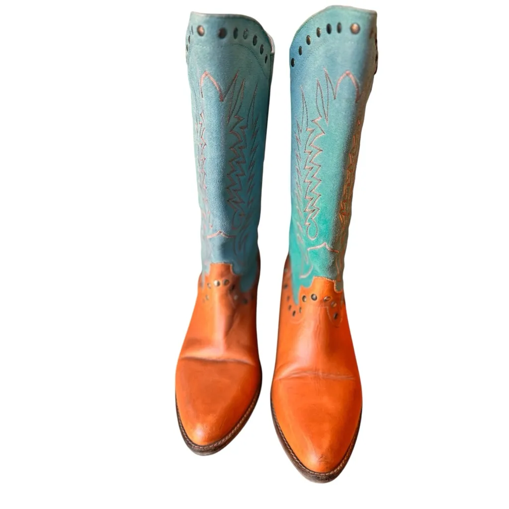 Matisse Tumbleweed Western Cowgirl Boots Turquoise Cognac Leather Studded 9.5EE Blue Size 9.5 - Image 4