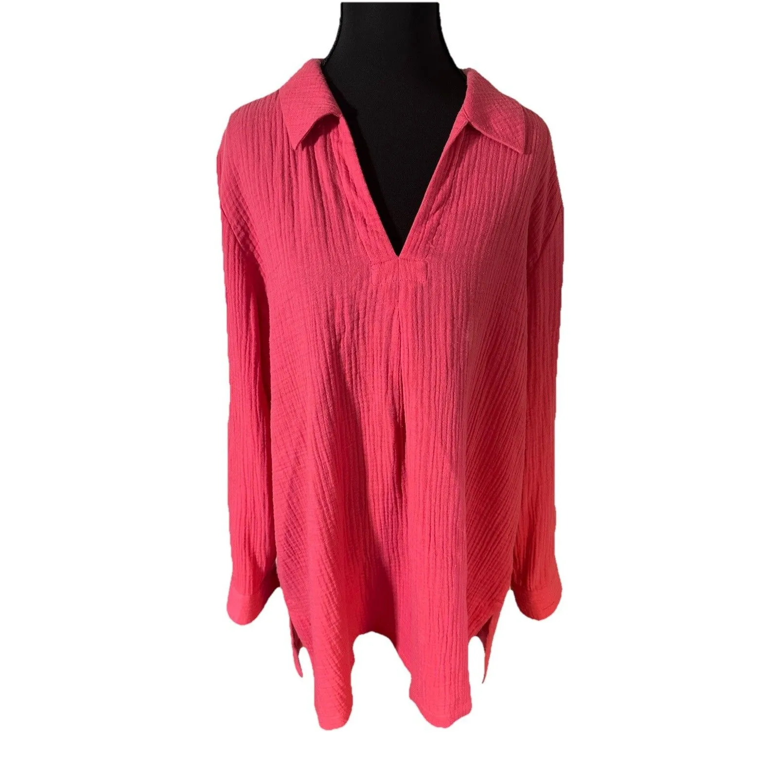 Soft Surroundings Women's XL 100% Cotton Gauze Tunic Shirt Fuchsia Crinkle Top - Image 2