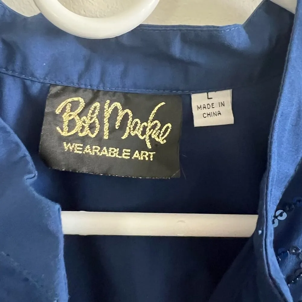 Bob Mackie Wearable Art Top Women L Blue Sequin Western ButtonUp Cowboy Rodeo - Image 5