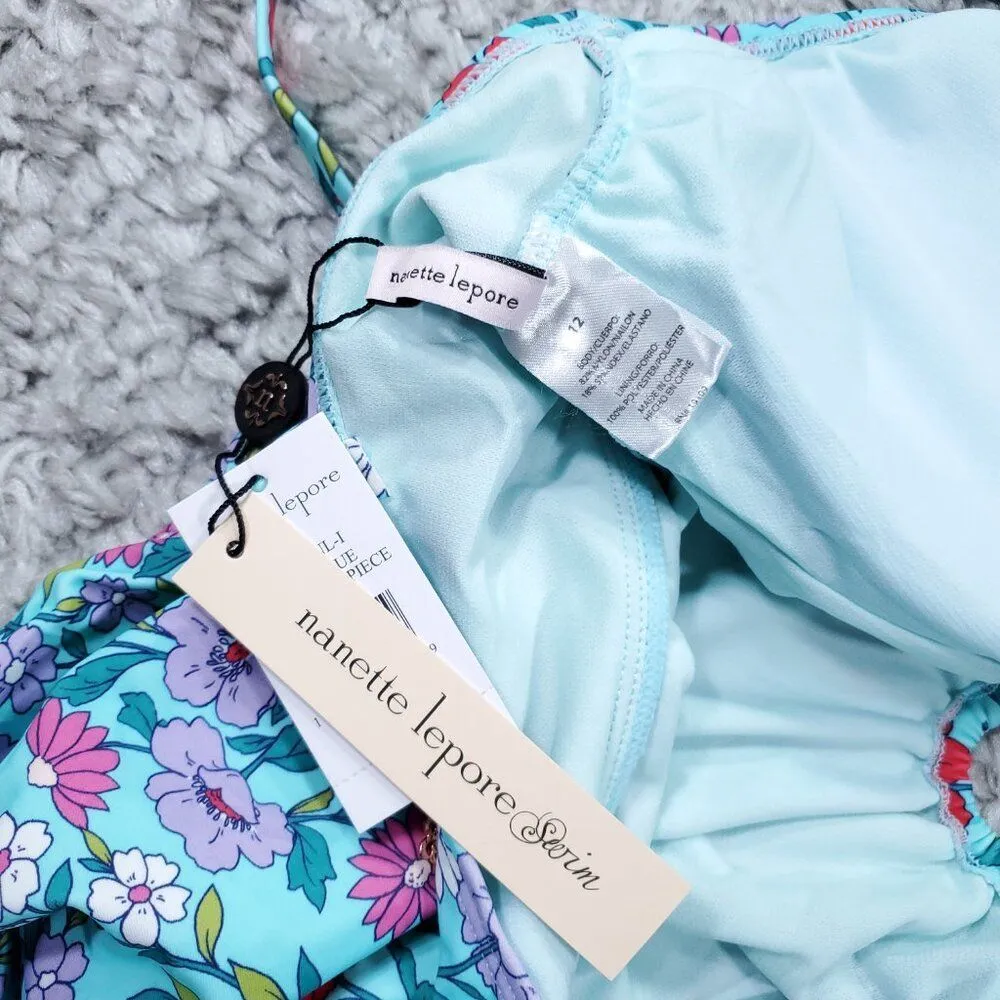Nanette Lepore Swim Plunging Floral One Piece Swimsuit Light Blue Size 12 - Image 7