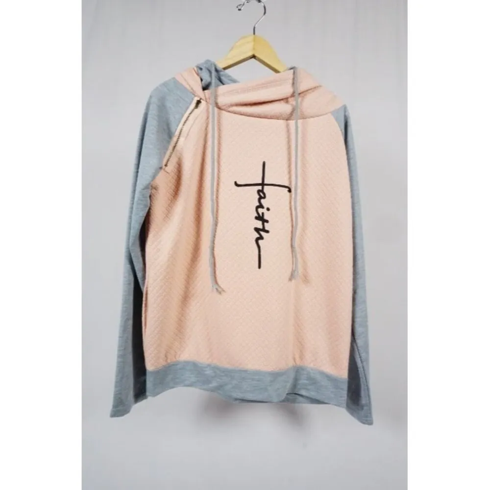 FAITH Women Medium Pink Gray Double Hooded Raglan Sleeve Cotton Blend Sweatshirt - Image 2