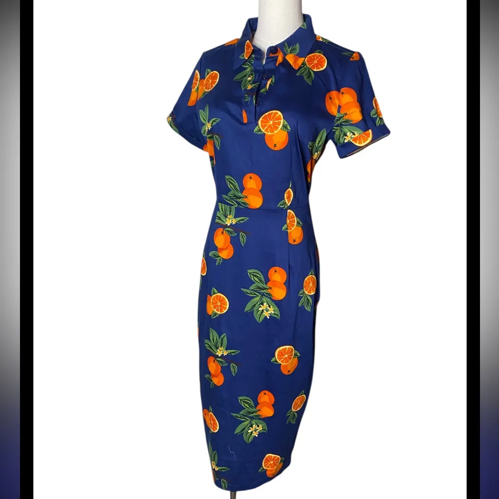 Collectif London Mirtilla Oranges Pencil Dress Blue Retro Rockabilly Size S UK10 - Image 7