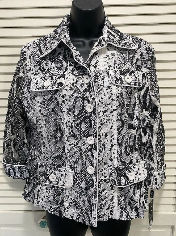Clara S Black/White Lace Snake Print Shirt/Jacket Button Up Size M Lined Black Size M - Image 1
