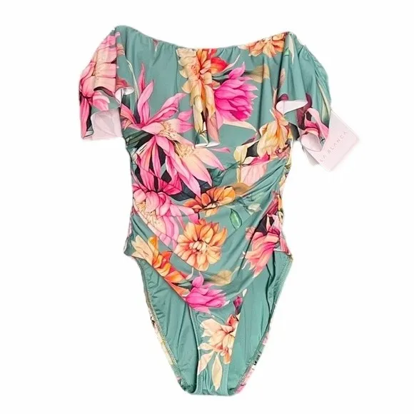 NWT La Blanca Jade Garden Floral Off Shoulder Ruffle One-Piece Swimsuit Size 8 - Image 6