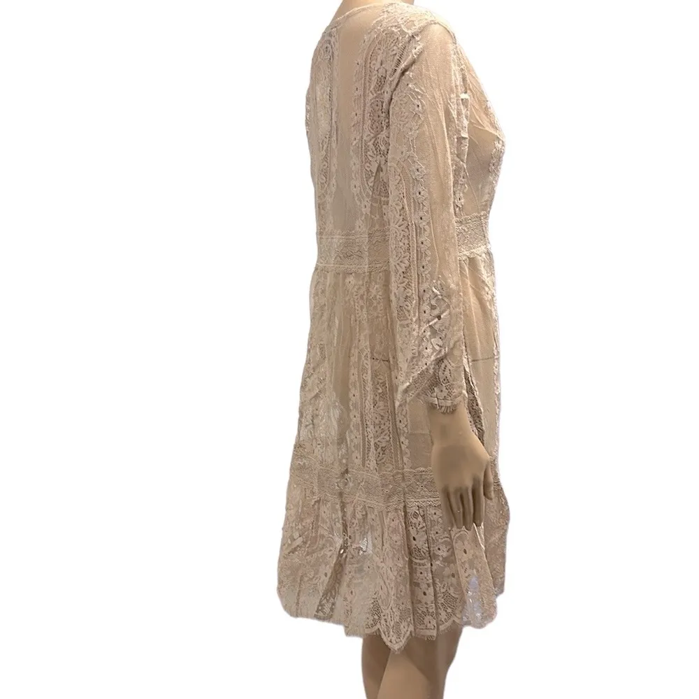 Miss Chievous Tan Lace Sheer Mesh Open Front Kimono Coverups Jacket Medium - Image 3