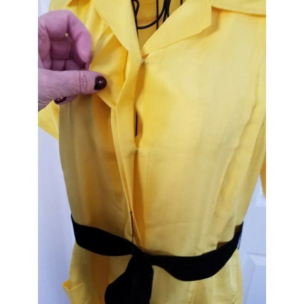 Vintage Ellen Tracy Short Sleeve Yellow Silk Black Velvet Sash Button Down Dress - Image 3