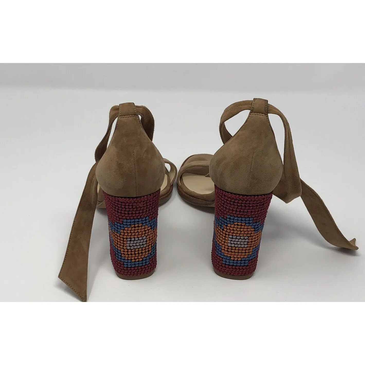 ALEXANDRE BIRMAM Suede Crochet Trim Sandals Elisa 7 1/2 Embroidered Block Heels - Image 5