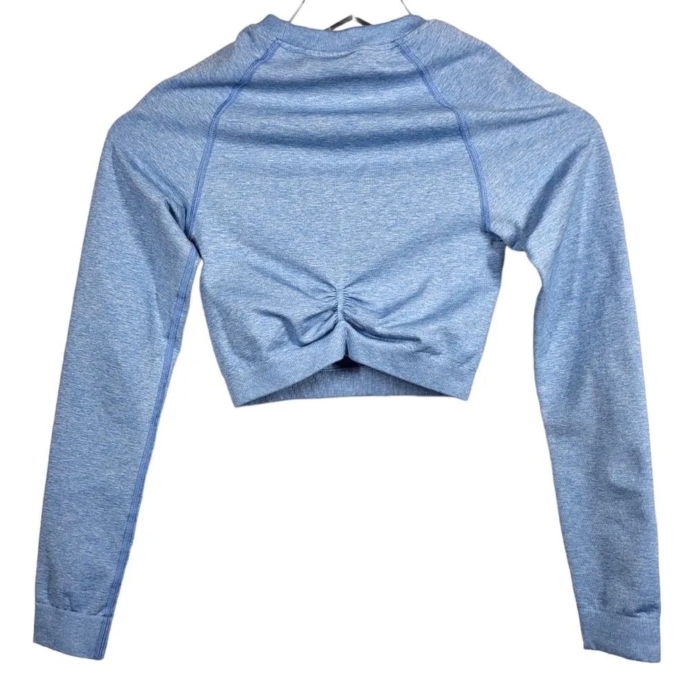 Adapt Marl Long Sleeve Crew Neck Activewear Crop Top in Blue - Image 5