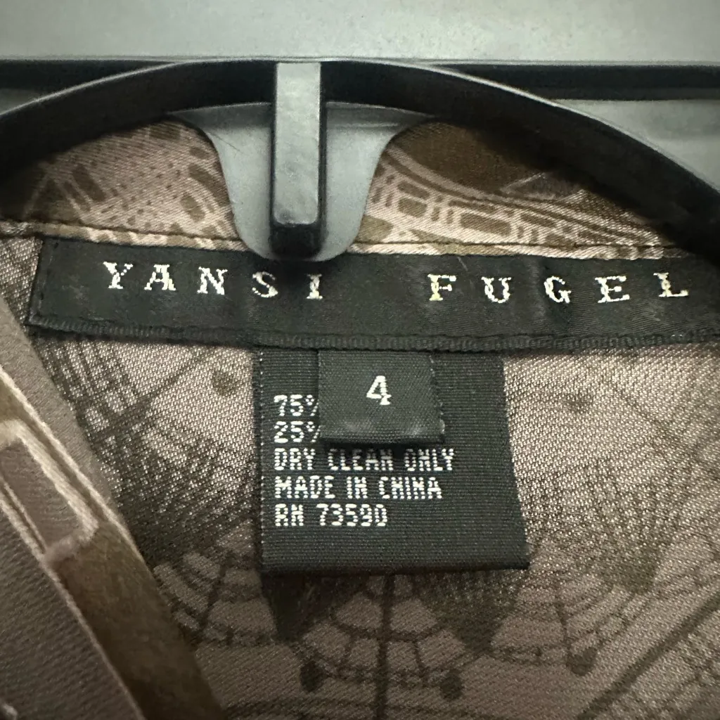 Yansi Fugel Semi Sheer Blouse Size 4 Scarf Print Silk Blend Artsy Textured Brown - Image 5