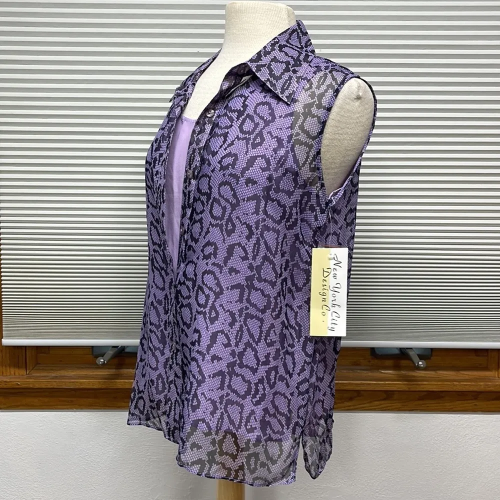 New York City Design Co. NWT Purple Silk Snakeskin Print Sleeveless Blouse Size M - Image 6