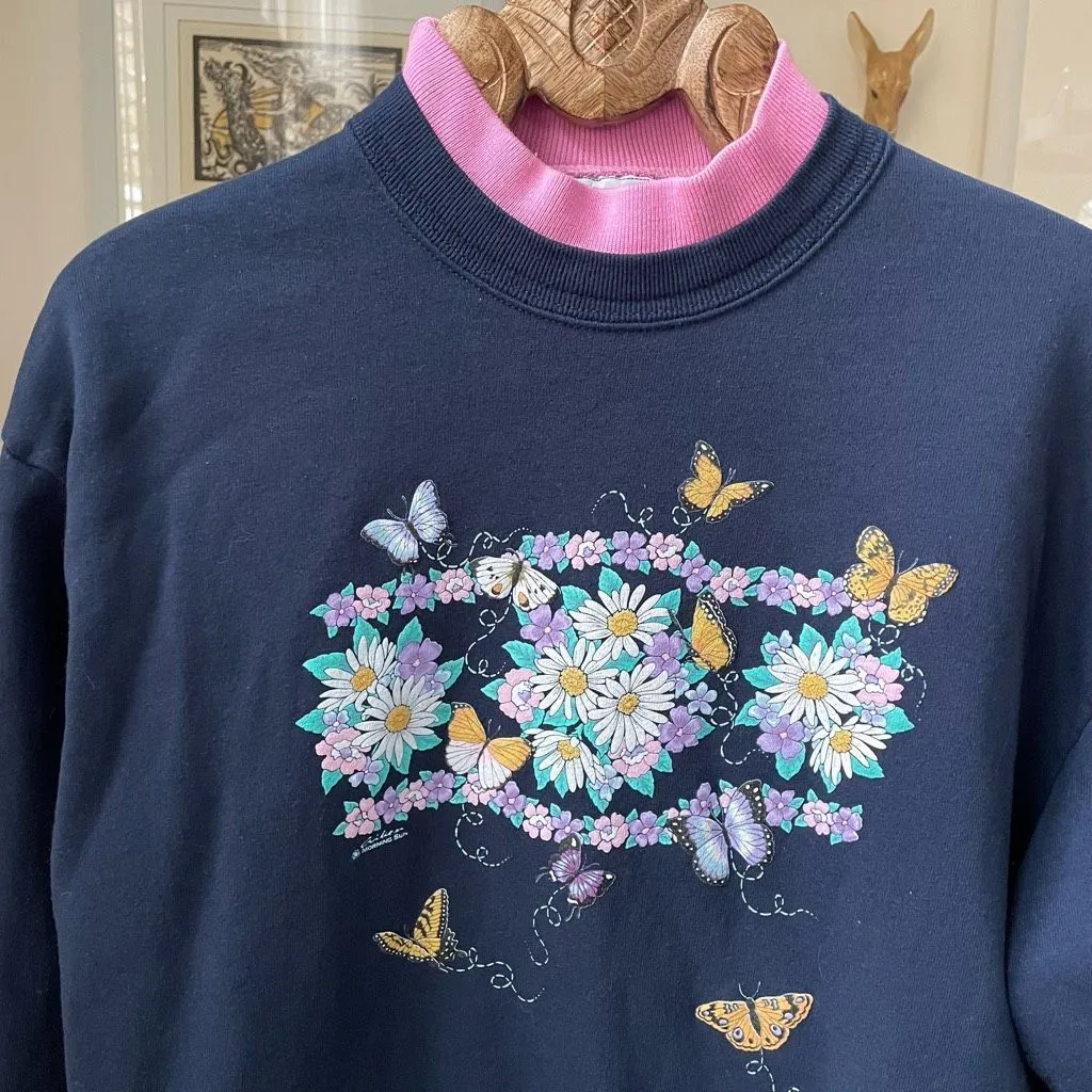 Vintage 80s Layered Look Graphic Sweatshirt Flowers Butterfly L Blue Size L - Image 1