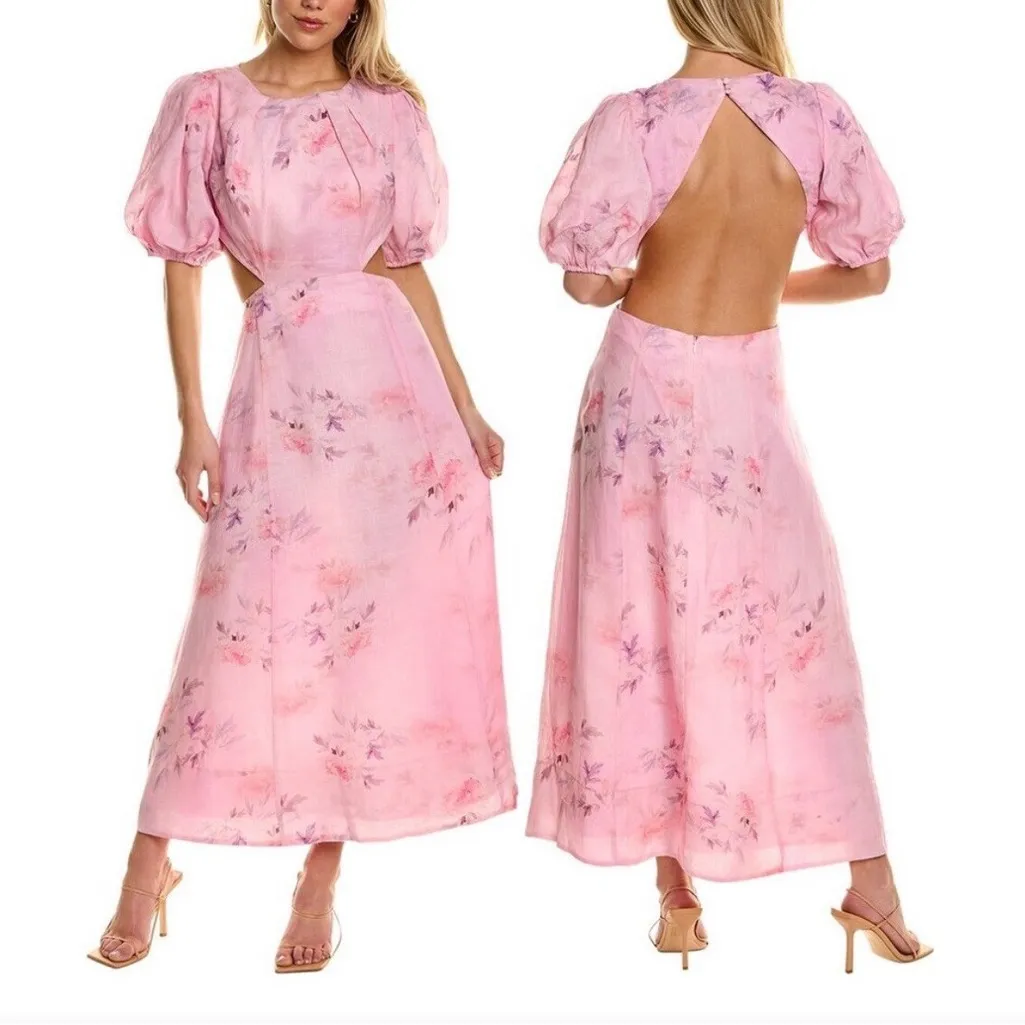 NWT Bardot Malina Floral Midi Dress Pink Flora Cutout Puff Sleeve Size 6 - Image 2