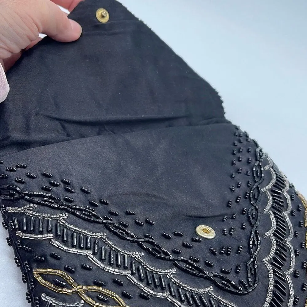 Vintage Y2K satin beaded black clutch. Snap front - Image 6
