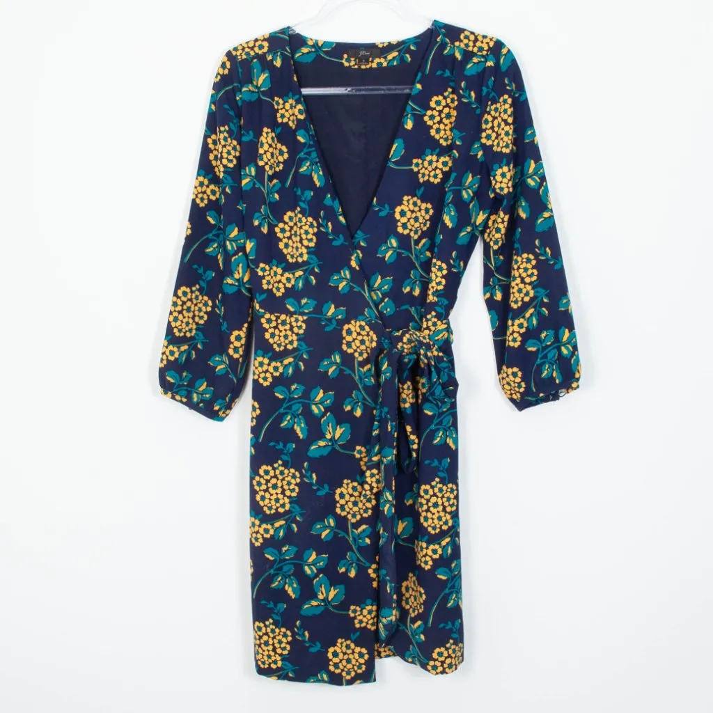 J. Crew‎ Golden Floral Knee Length Wrap Dress Navy Blue Yellow Womens Size 4 - Image 4
