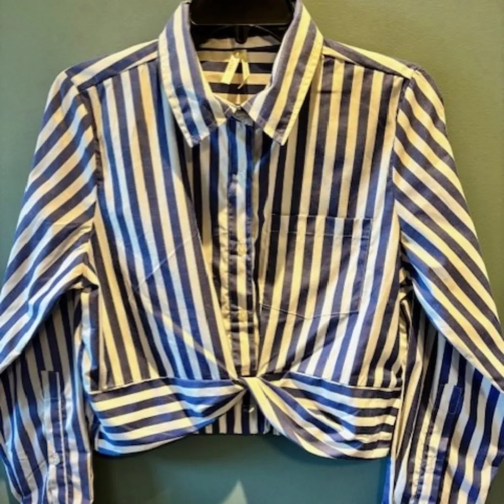 True Destiny L Blue White Stripe Crop Long Sleeve Twist Top Modern Collar Button - Image 1