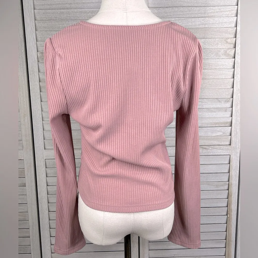 WILD HONEY Fitted Stretchy Long Sleeve V Neck Top Pink/Pearl Buttons-Large - Image 2