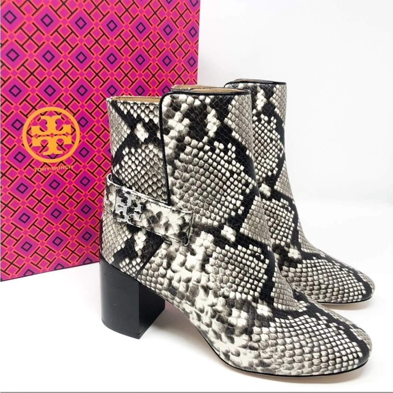 NEW Tory Burch Kira 70MM Bootie Stamped Snake Leather Grey Black in Warm Roccia - Image 10