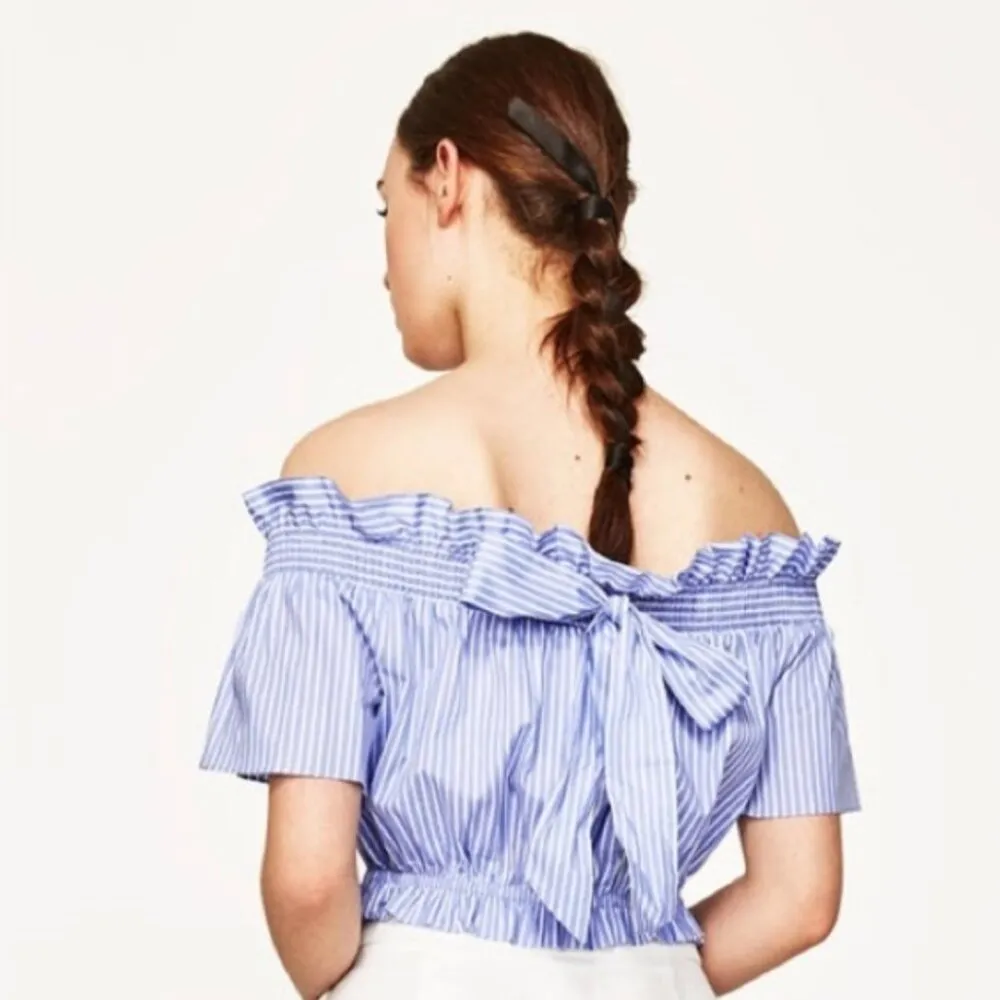 Zara Crop Top XS Off Shoulder Striped Ruffle Back Tie Summer Blue White Cinched - Image 9